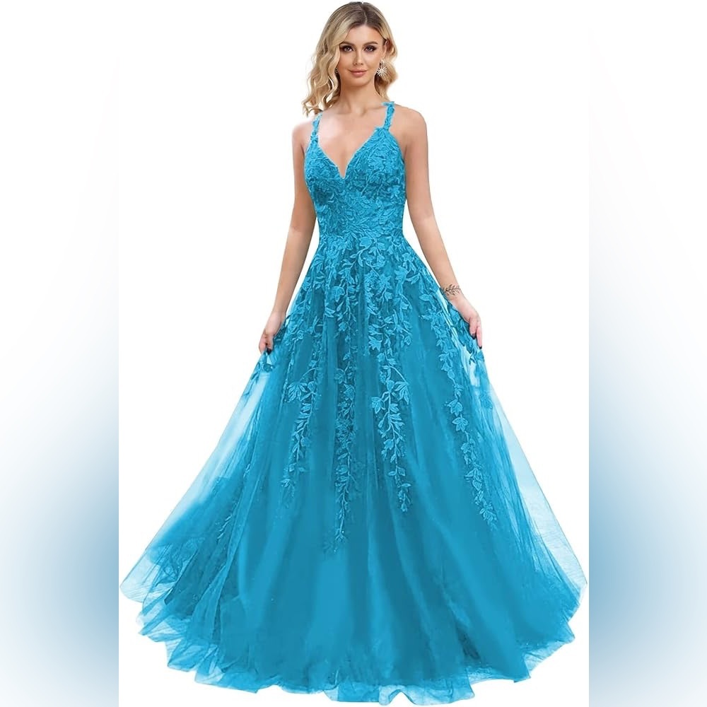 Blue Lace Appliqué Glitter Tulle Formal Evening Gowns sz 16 corset back NWNT